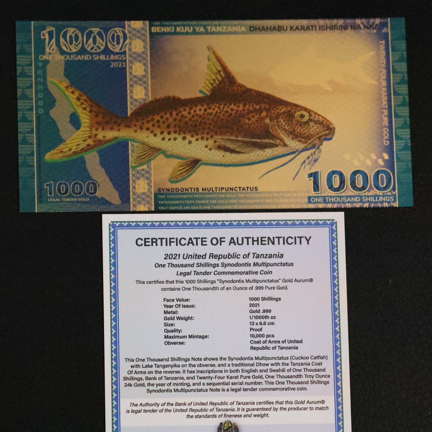 2021 Republic of Tanzania 1000 Shillings 1/1000th oz Gold Bill Aurum Tanganyika Catfish 0003204
