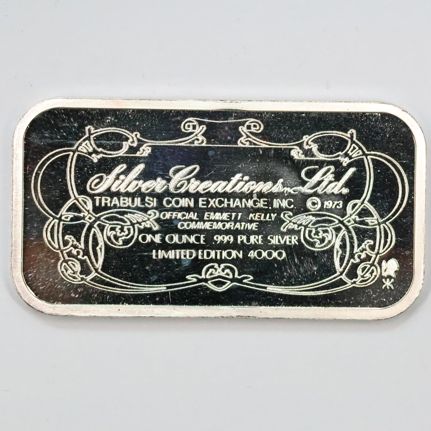 1973 Silver Creations Ltd - Emmett Kelly - 1 oz .999 Fine Silver Bar w/ Box & COA