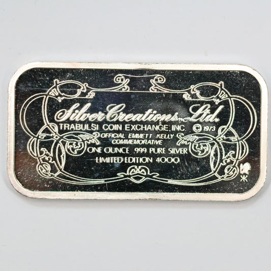 1973 Silver Creations Ltd - Emmett Kelly - 1 oz .999 Fine Silver Bar w/ Box & COA