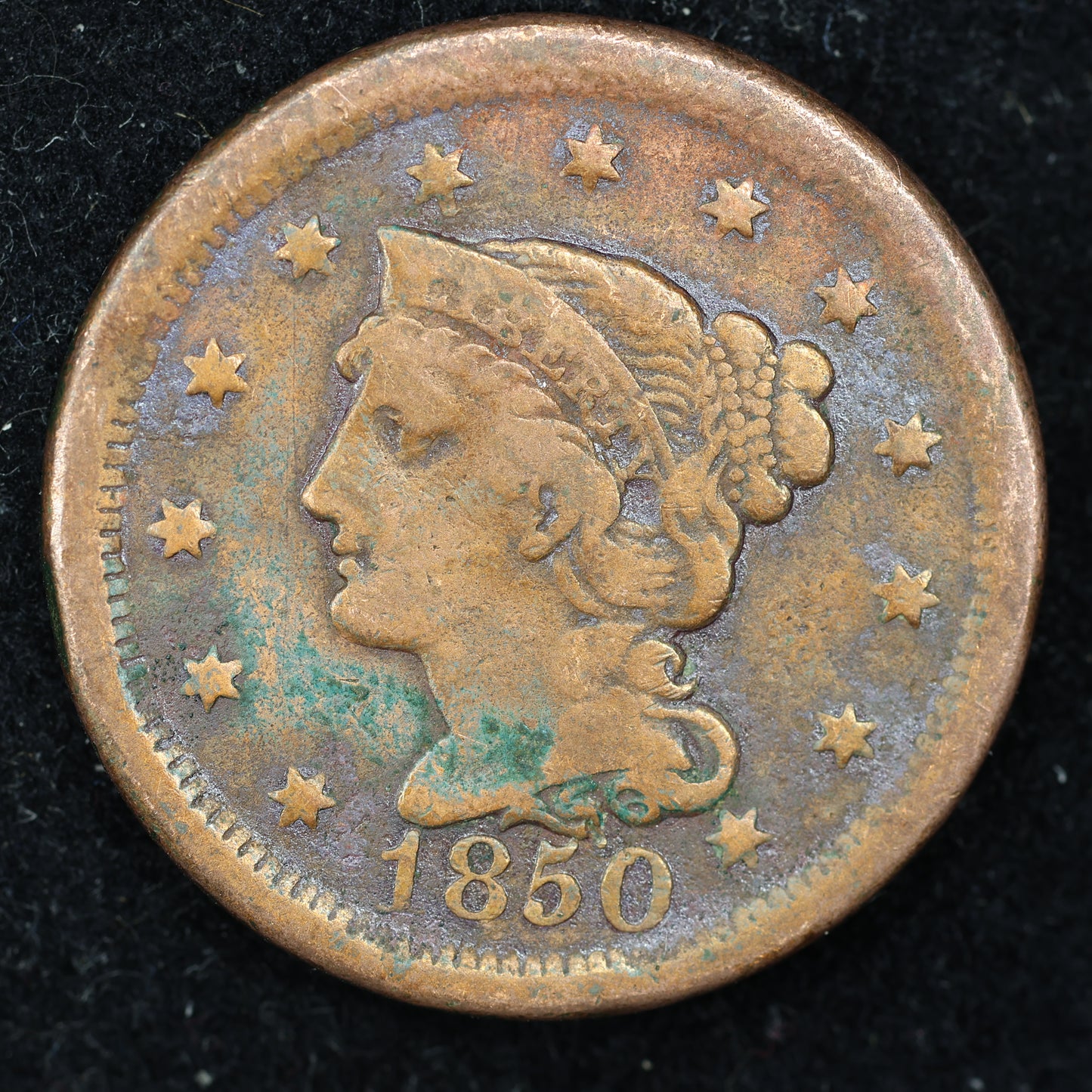 1850 Braided Hair US Large Cent 1C Penny