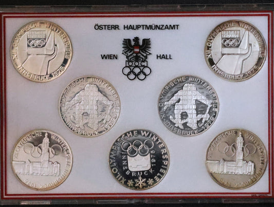 1976 Silver 7 Coin Innsbruck Winter Olympic Coin Set w/ Box (XII. Olympische Winterspiele)