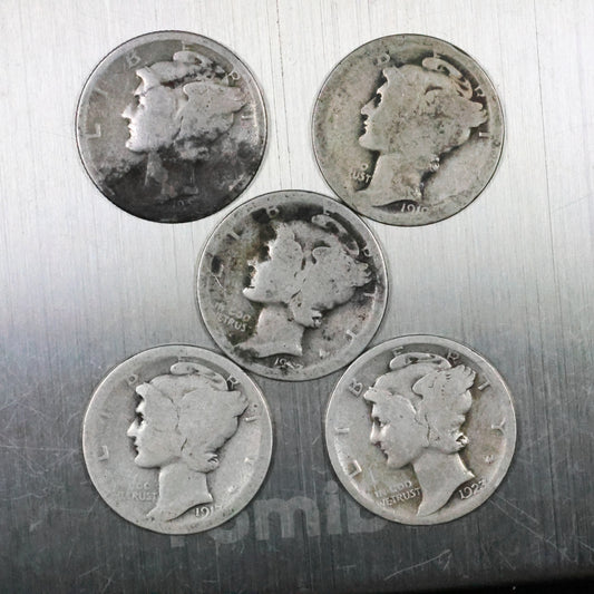 Lot of 5 Mercury Dimes - Very Worn/Cull 11.3 grams Exact Coins Shown