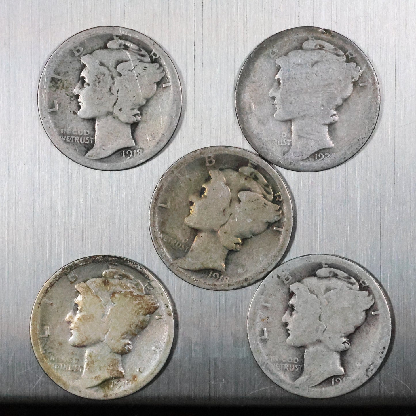 Lot of 5 Mercury Dimes - Very Worn/Cull 11.2 grams Exact Coins Shown