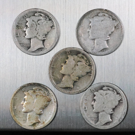 Lot of 5 Mercury Dimes - Very Worn/Cull 11.2 grams Exact Coins Shown