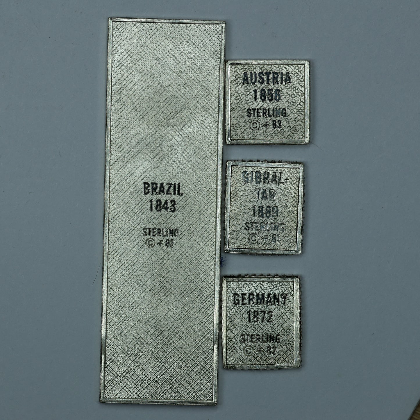 Franklin Mint Sterling Silver Miniature World Stamps - Brazil Austria Gibraltar Germany