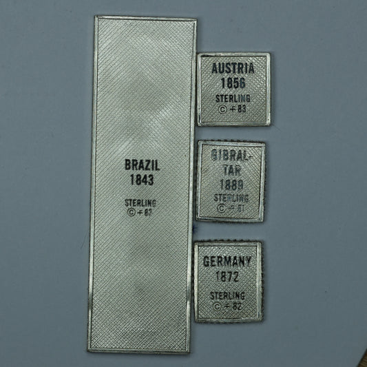 Franklin Mint Sterling Silver Miniature World Stamps - Brazil Austria Gibraltar Germany