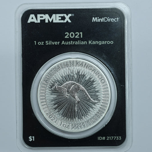 2021 1 oz Silver .9999 Fine Silver Australian Kangaroo $1 Coin in APMEX MintDirect Pkg