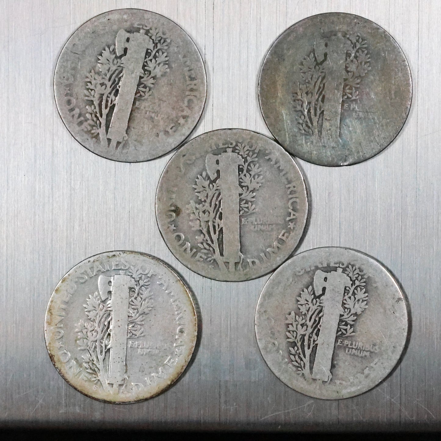 Lot of 5 Mercury Dimes - Very Worn/Cull 11.2 grams Exact Coins Shown