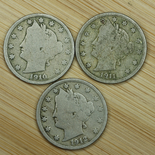 1910, 1911, 1912 5c V Nickel Lot (3 coins)