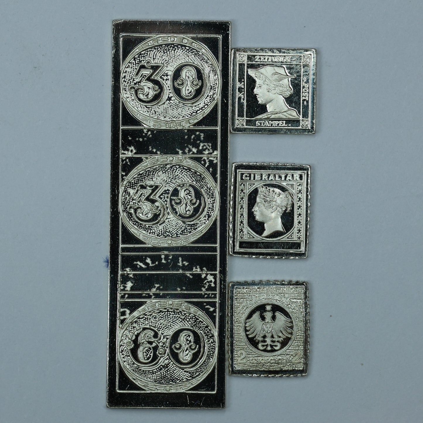 Franklin Mint Sterling Silver Miniature World Stamps - Brazil Austria Gibraltar Germany