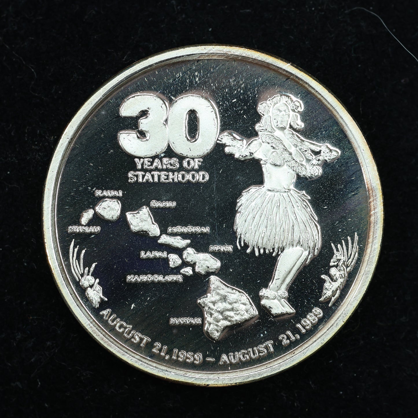 1989 1 oz .999 Fine Silver Hawaii 30 Years of Statehood Art Round w/ Capsule & COA