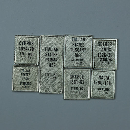 Franklin Mint Sterling Silver Miniature World Stamps - Cyprus Italian States Greece Malta Netherlands