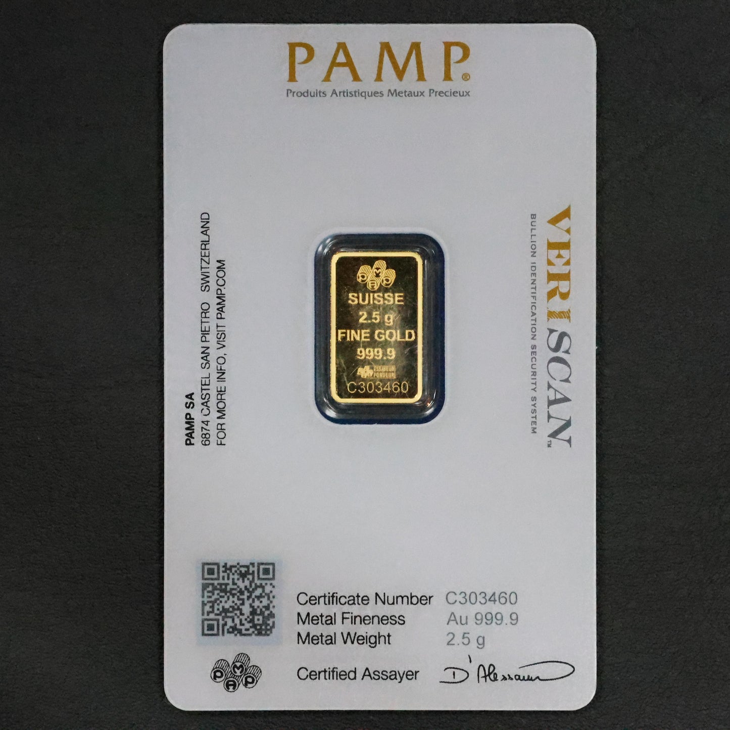 2.5 gram Gold Bar PAMP Suisse Lady Fortuna Veriscan .9999 Fine (In Assay)