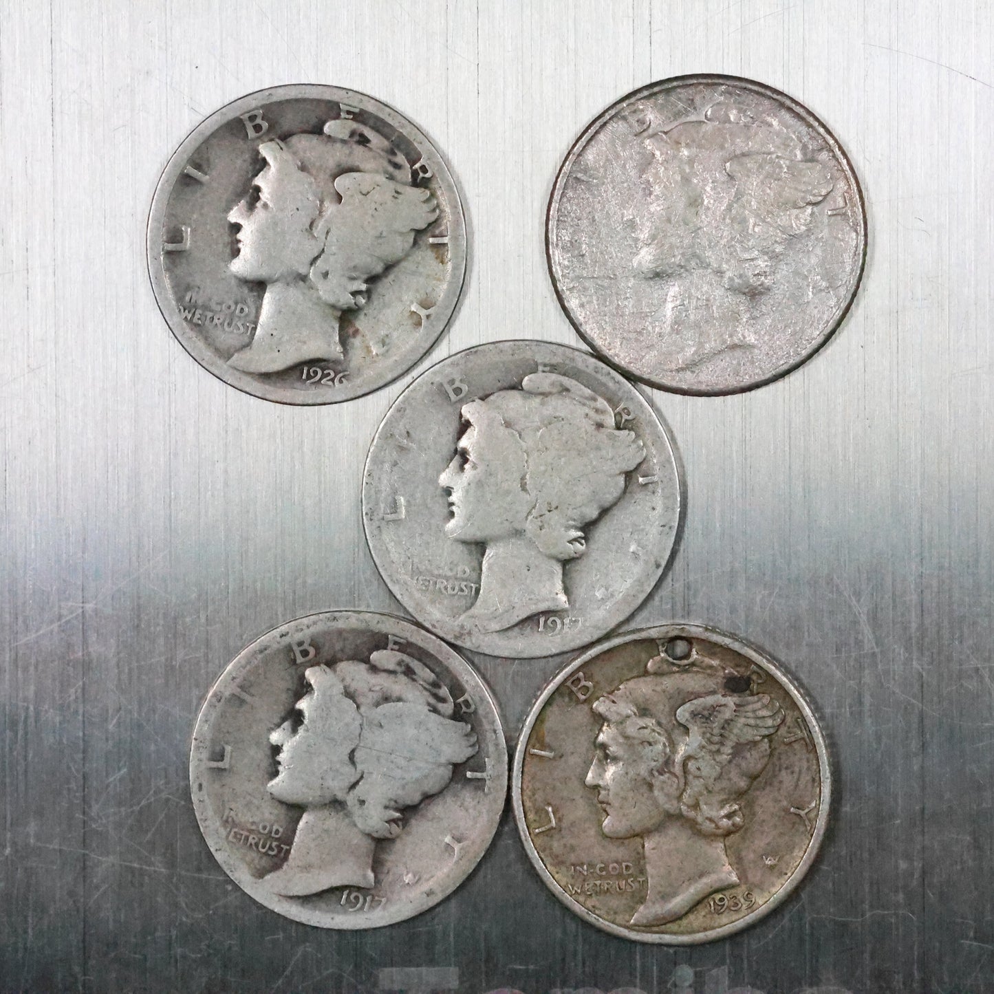 Lot of 5 Mercury Dimes - Very Worn/Cull 11.7 grams Exact Coins Shown