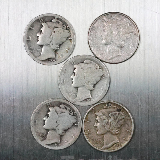 Lot of 5 Mercury Dimes - Very Worn/Cull 11.7 grams Exact Coins Shown