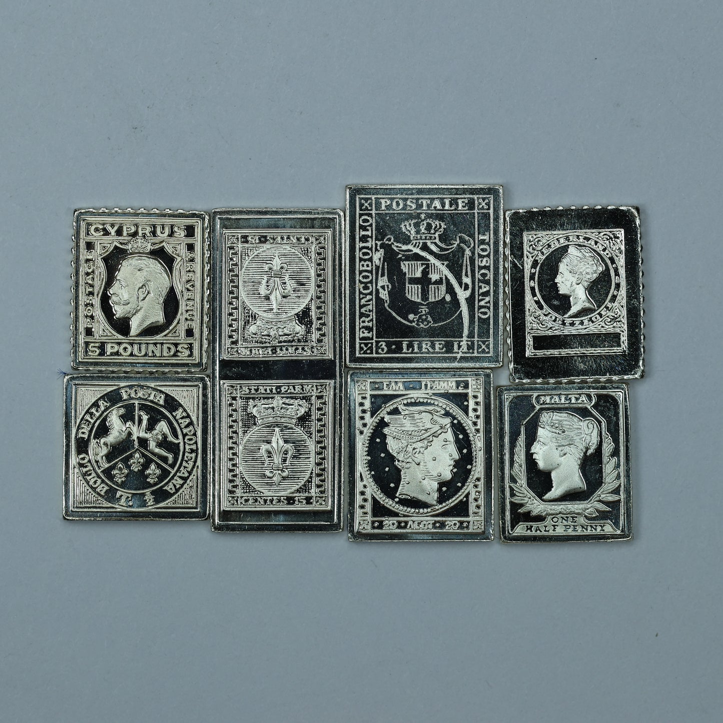 Franklin Mint Sterling Silver Miniature World Stamps - Cyprus Italian States Greece Malta Netherlands