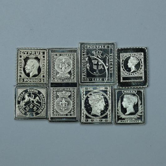 Franklin Mint Sterling Silver Miniature World Stamps - Cyprus Italian States Greece Malta Netherlands