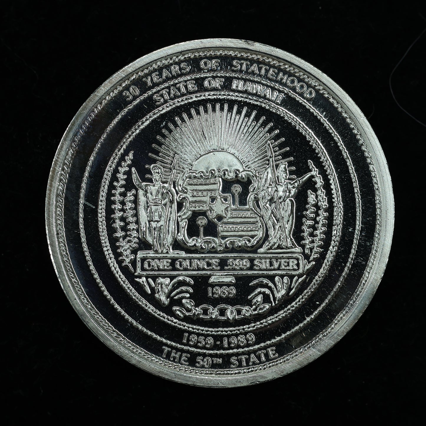 1989 1 oz .999 Fine Silver Hawaii 30 Years of Statehood Art Round w/ Capsule & COA