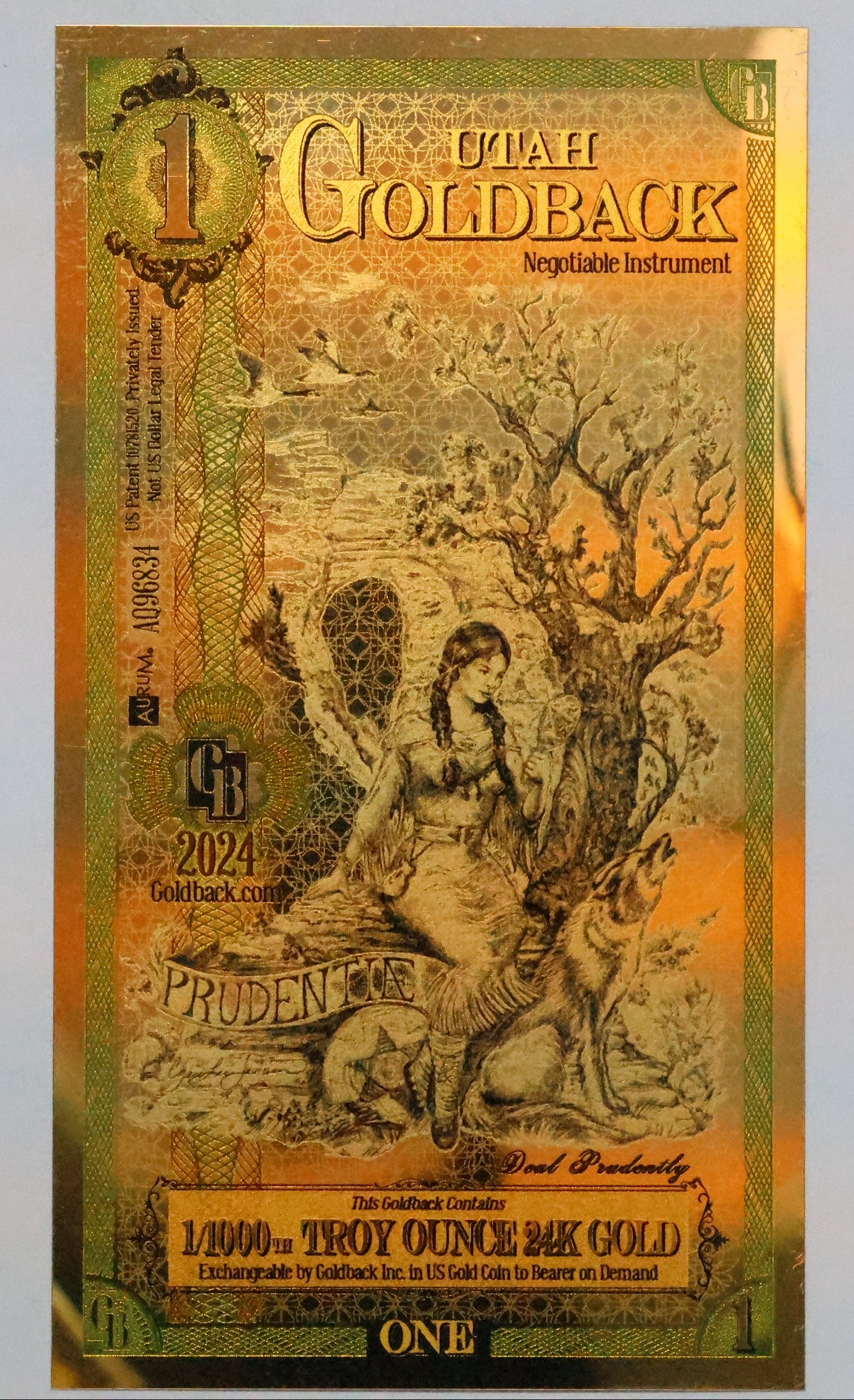 Utah 1 Goldback Gold Foil Note 1/1000th Troy Oz 24KT Goldback