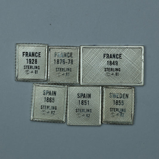 Franklin Mint Sterling Silver Miniature World Stamps - France Spain Sweden