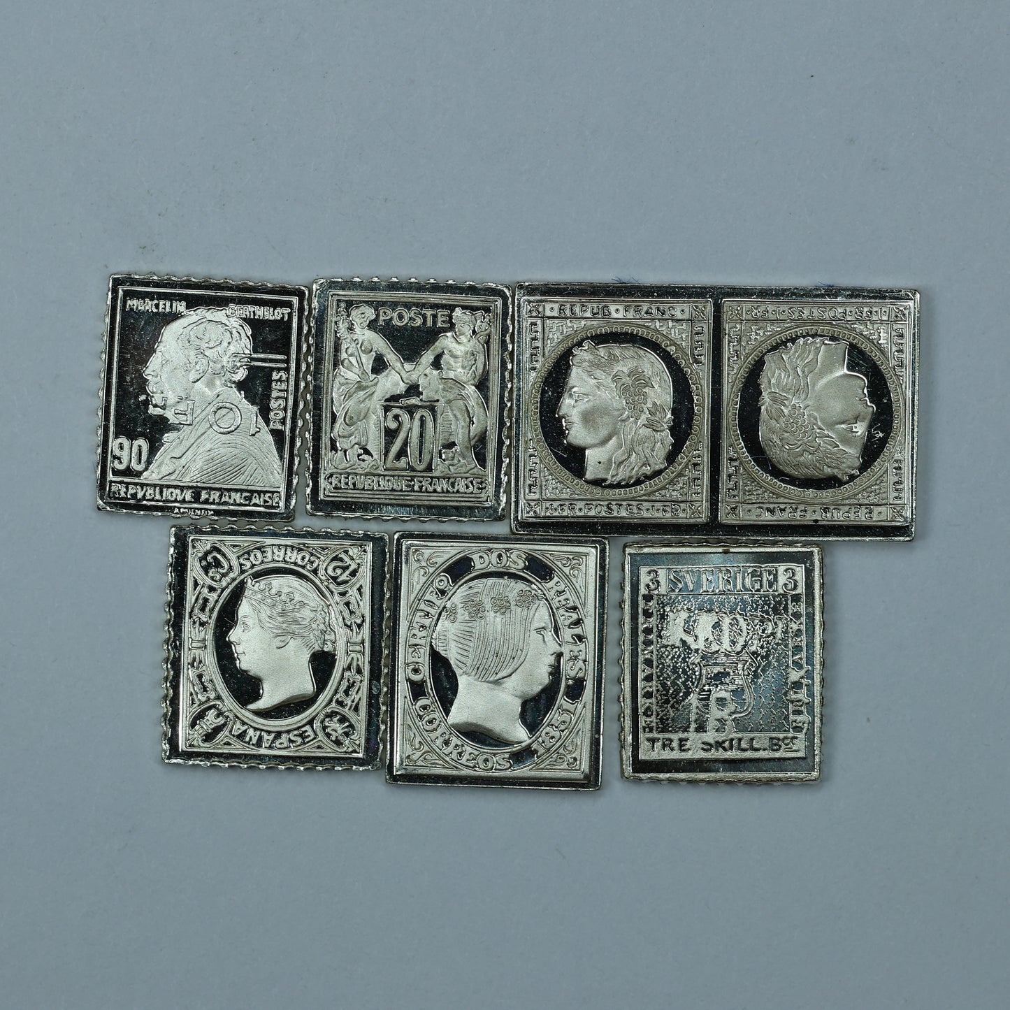 Franklin Mint Sterling Silver Miniature World Stamps - France Spain Sweden