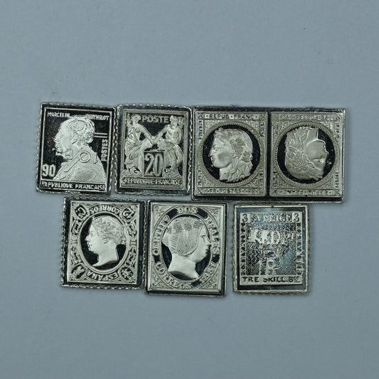 Franklin Mint Sterling Silver Miniature World Stamps - France Spain Sweden