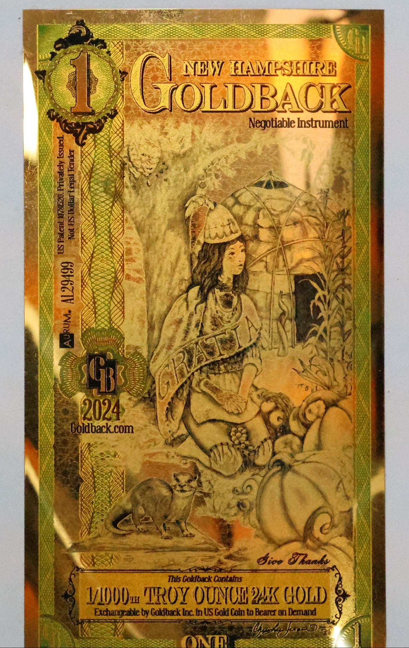 New Hampshire 1 Goldback Gold Foil Note 1/1000th Troy Oz 24KT Goldback