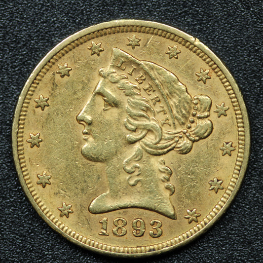 1893 $5 Gold Liberty Head Half Eagle Coin Philadelphia