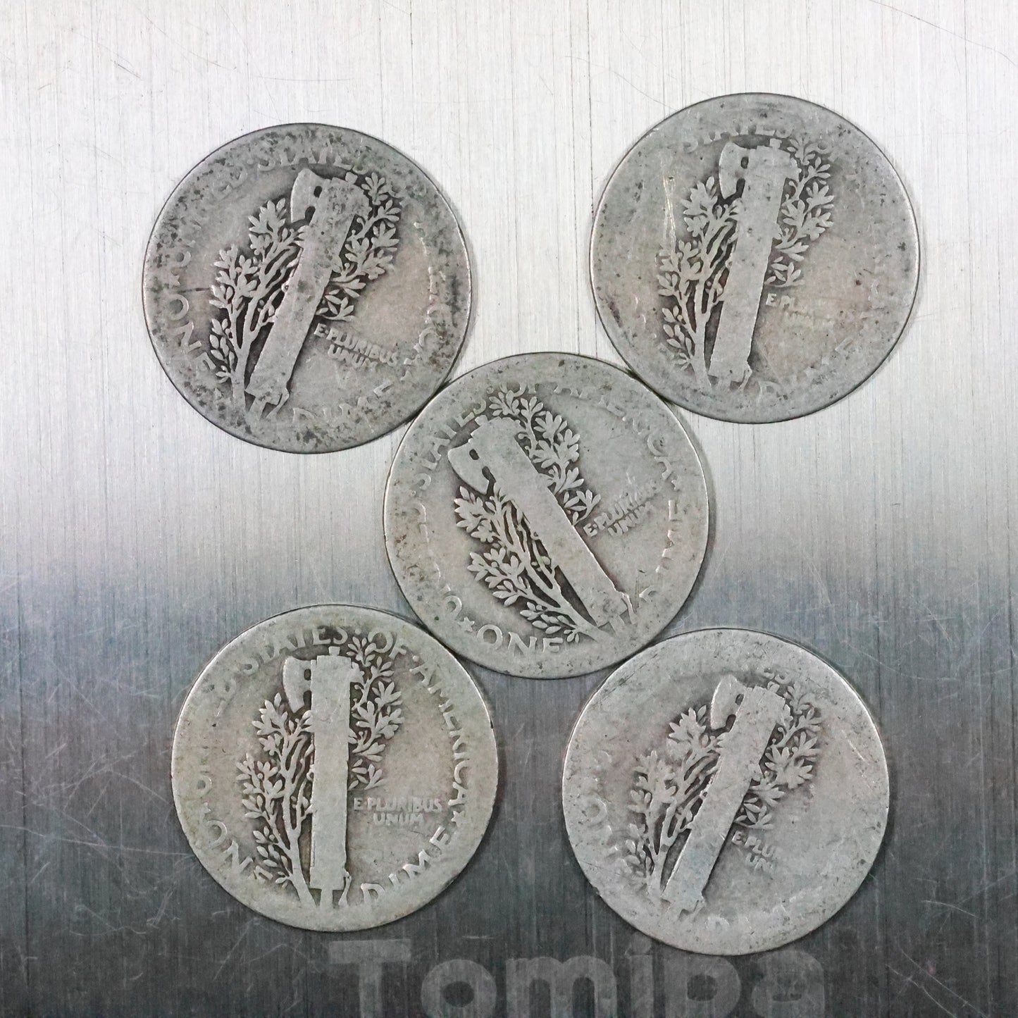 Lot of 5 Mercury Dimes - Very Worn/Cull 11.2 grams Exact Coins Shown