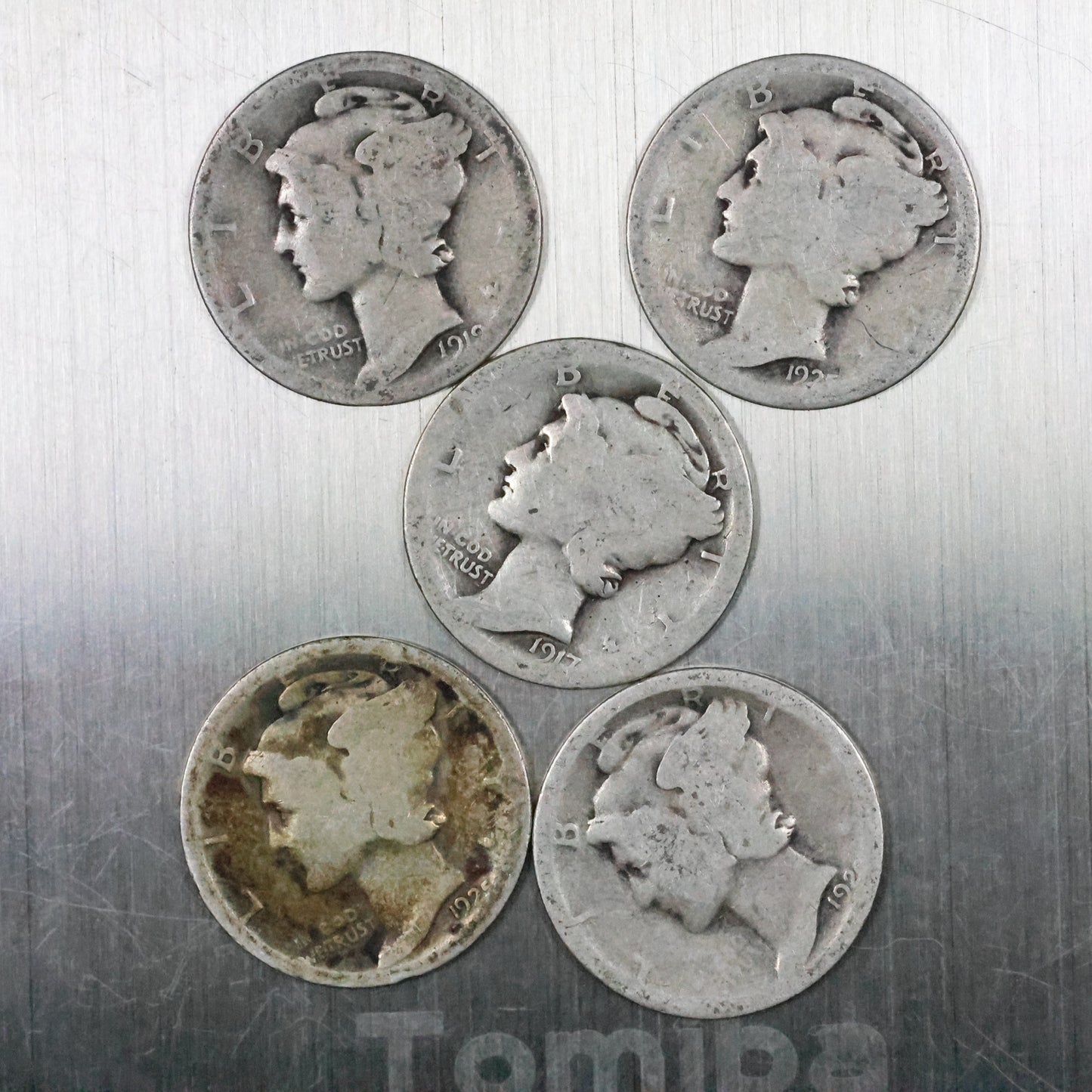 Lot of 5 Mercury Dimes - Very Worn/Cull 11.2 grams Exact Coins Shown