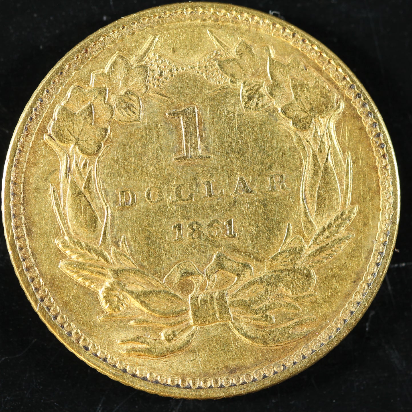 1861 US Gold $1 Dollar Indian Princess Large Head