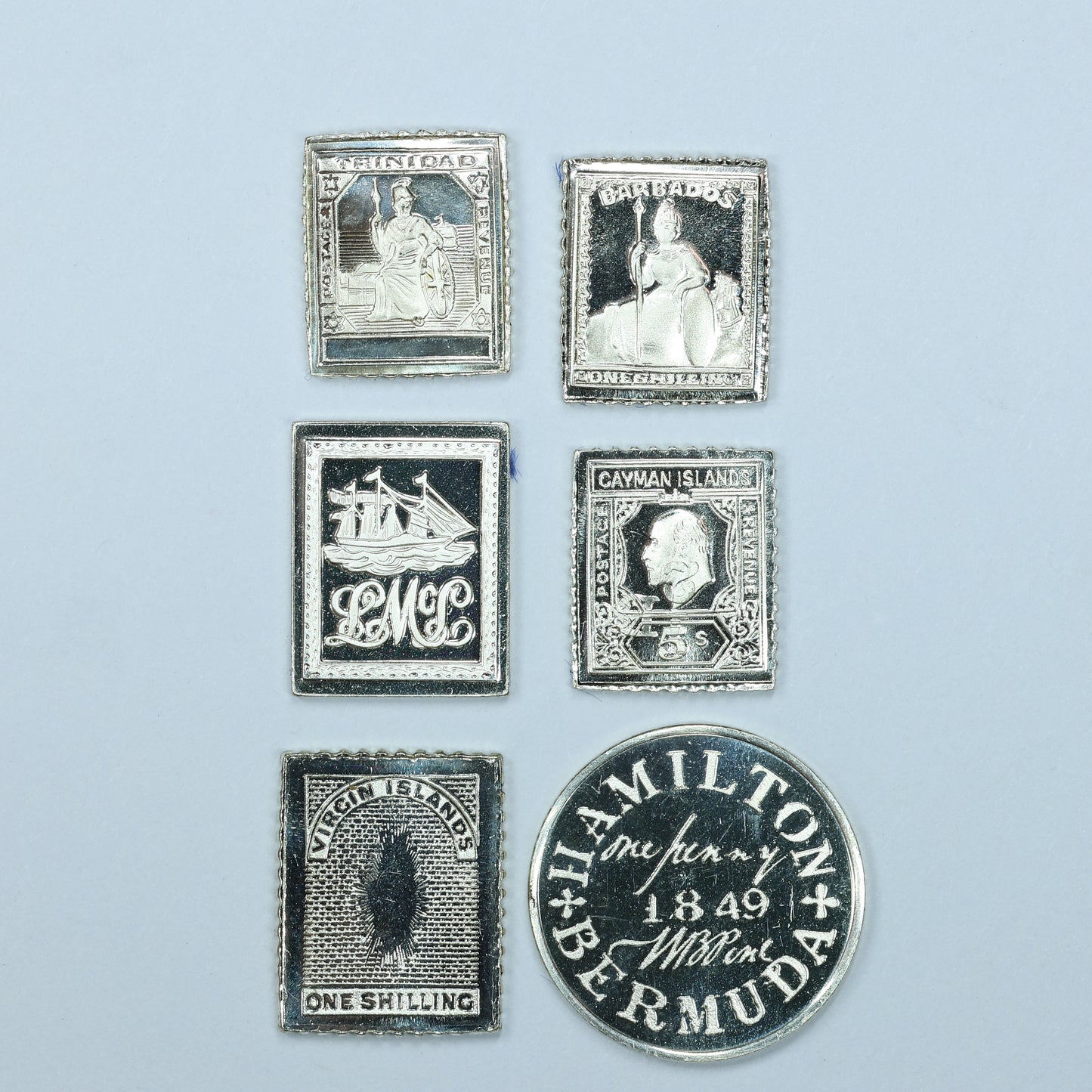 Franklin Mint Sterling Silver Miniature World Stamps - Trinidad Cayman Islands Bermuda Etc