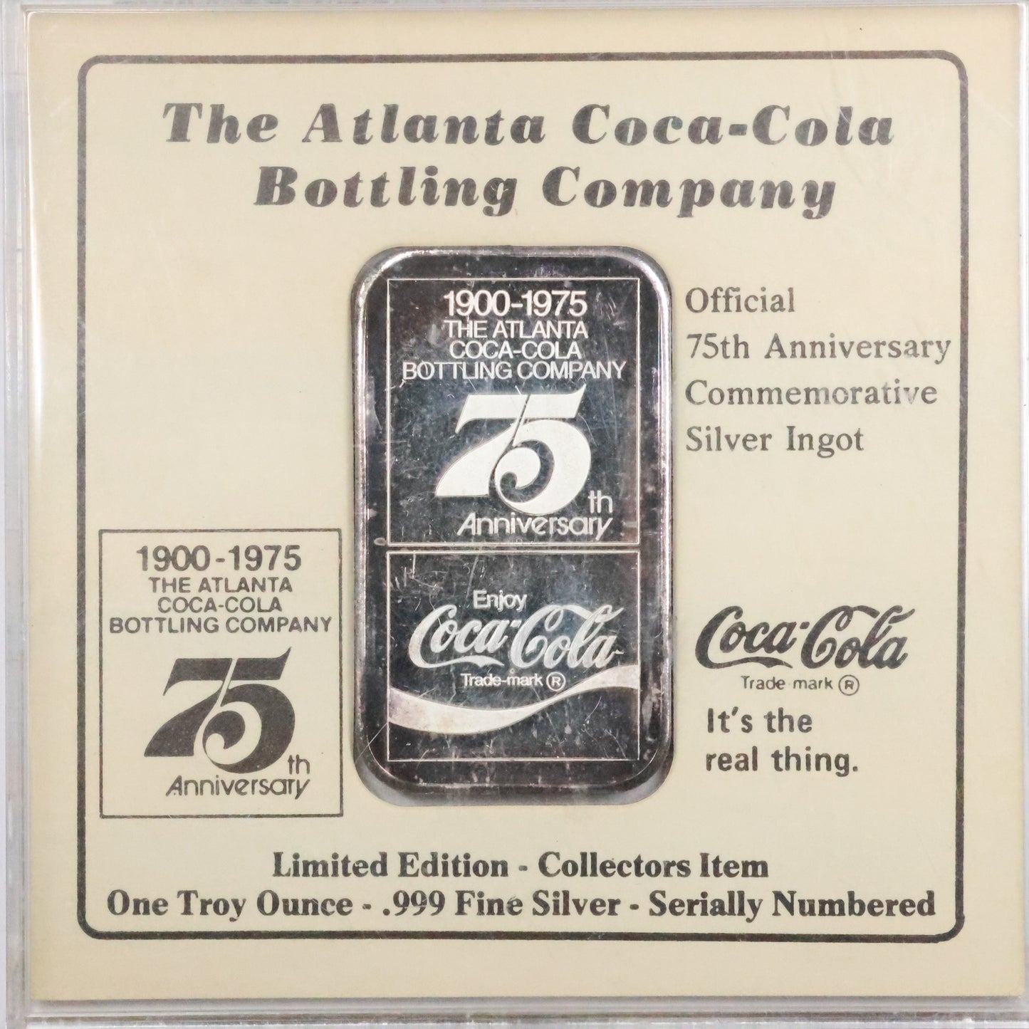 Coca-Cola 75th Anniversary 1 oz Commemorative Silver Bar In Original Clear Case