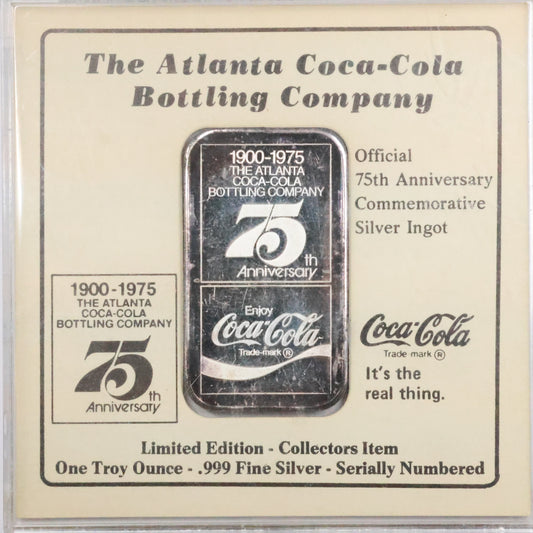 Coca-Cola 75th Anniversary 1 oz Commemorative Silver Bar In Original Clear Case