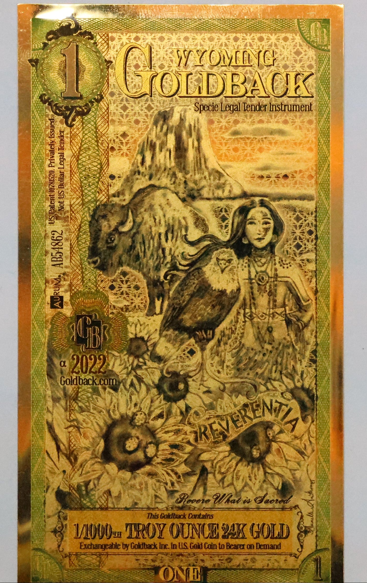 Wyoming 1 Goldback Gold Foil Note 1/1000th Troy Oz 24KT Goldback