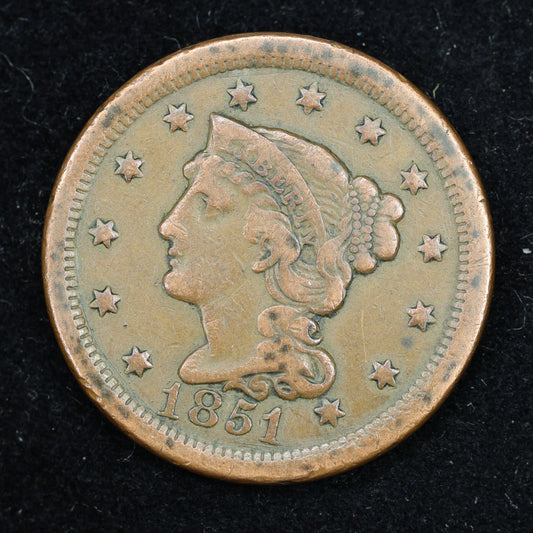1851  Braided Hair US Large Cent 1C Penny