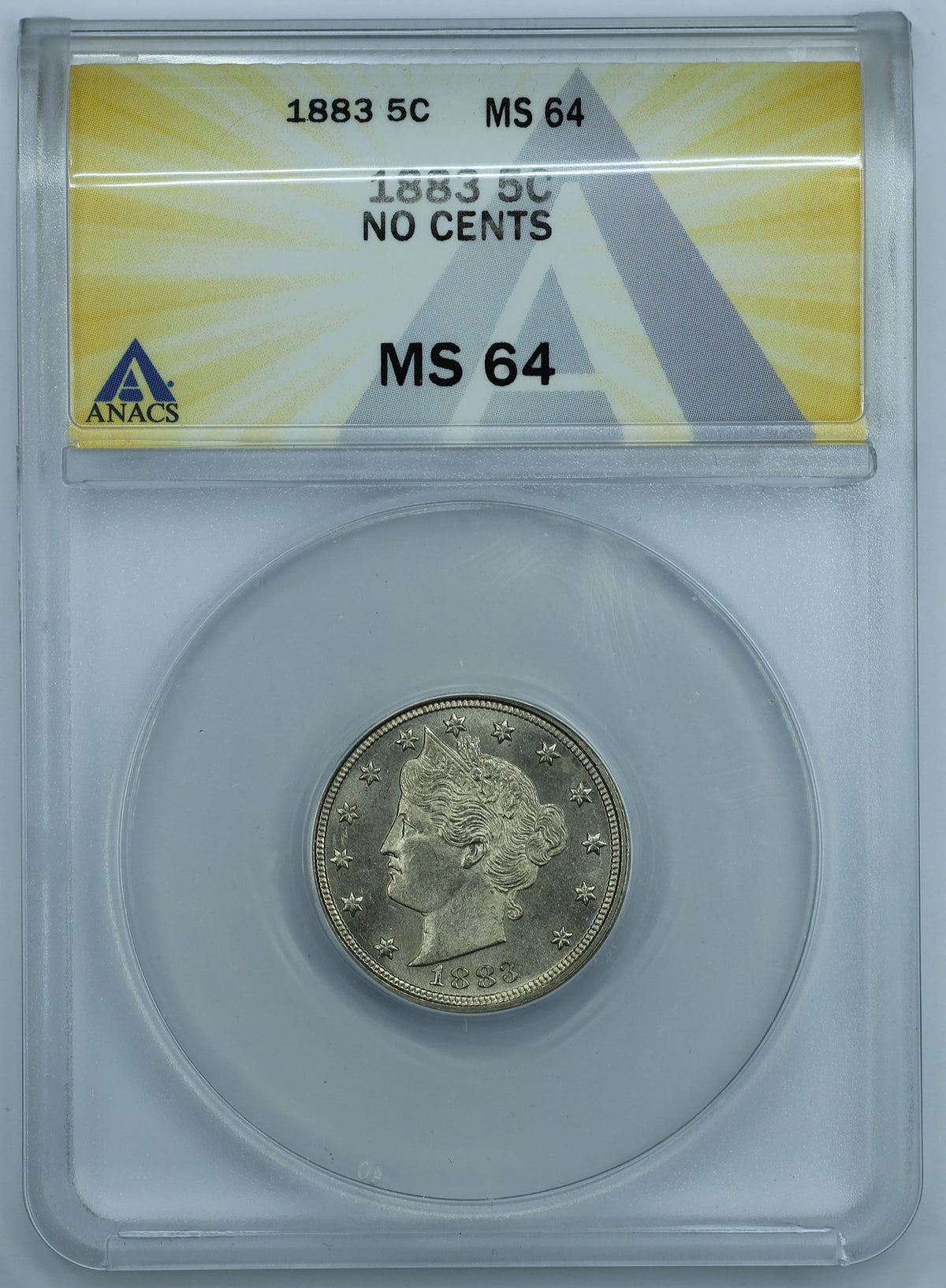 1883 Liberty Head V Nickel 5c NO CENTS - ANACS MS64