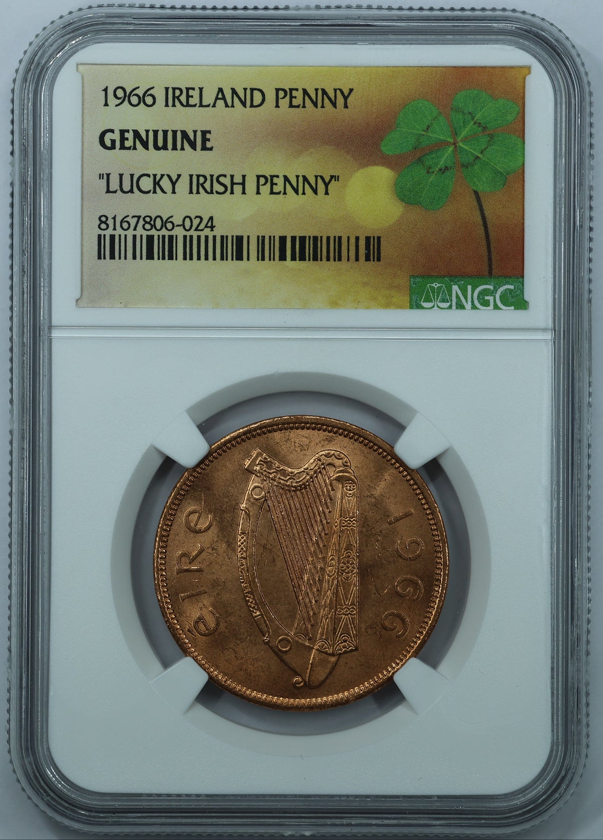 1966 Ireland 1 Penny "Lucky Irish Penny" Bronze - NGC Genuine