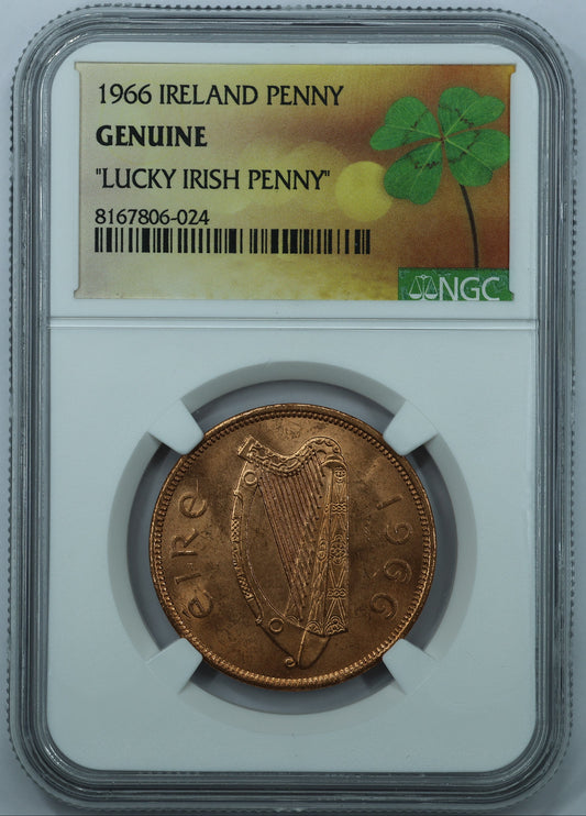 1966 Ireland 1 Penny "Lucky Irish Penny" Bronze - NGC Genuine