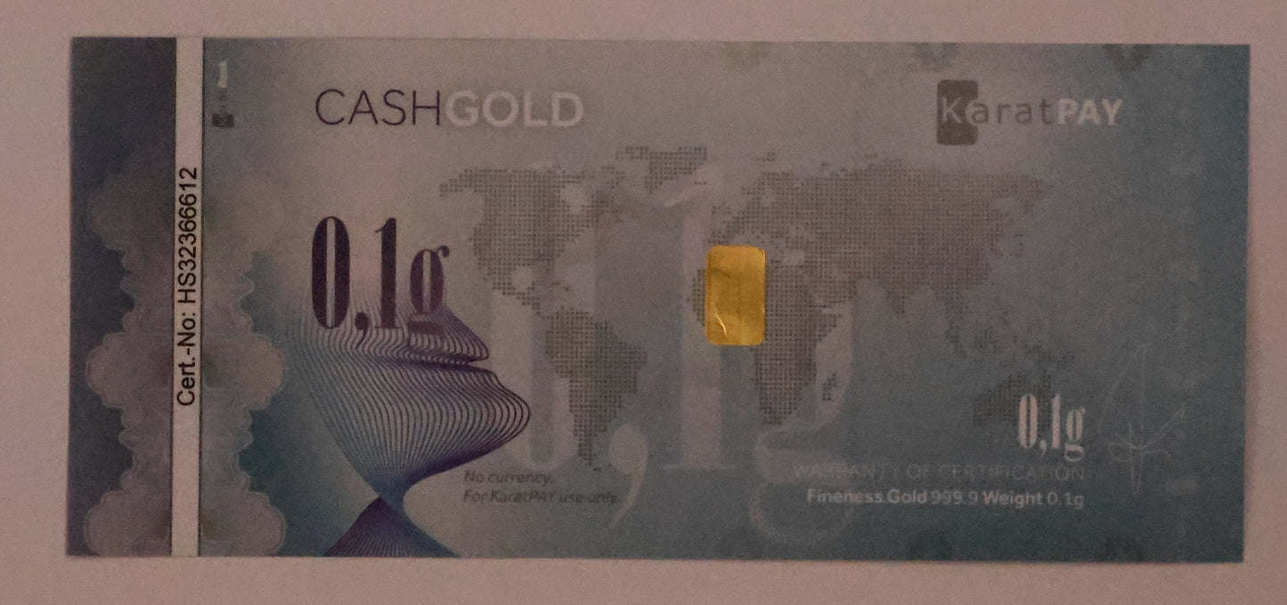 Karatpay Karat Pay Gold 0.10 Gram of 999.9 Fine Cash Gold Note Certificate .1g Nadir