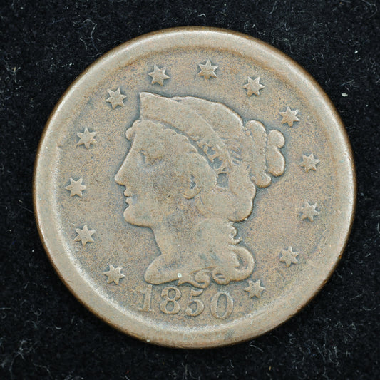 1850  Braided Hair US Large Cent 1C Penny