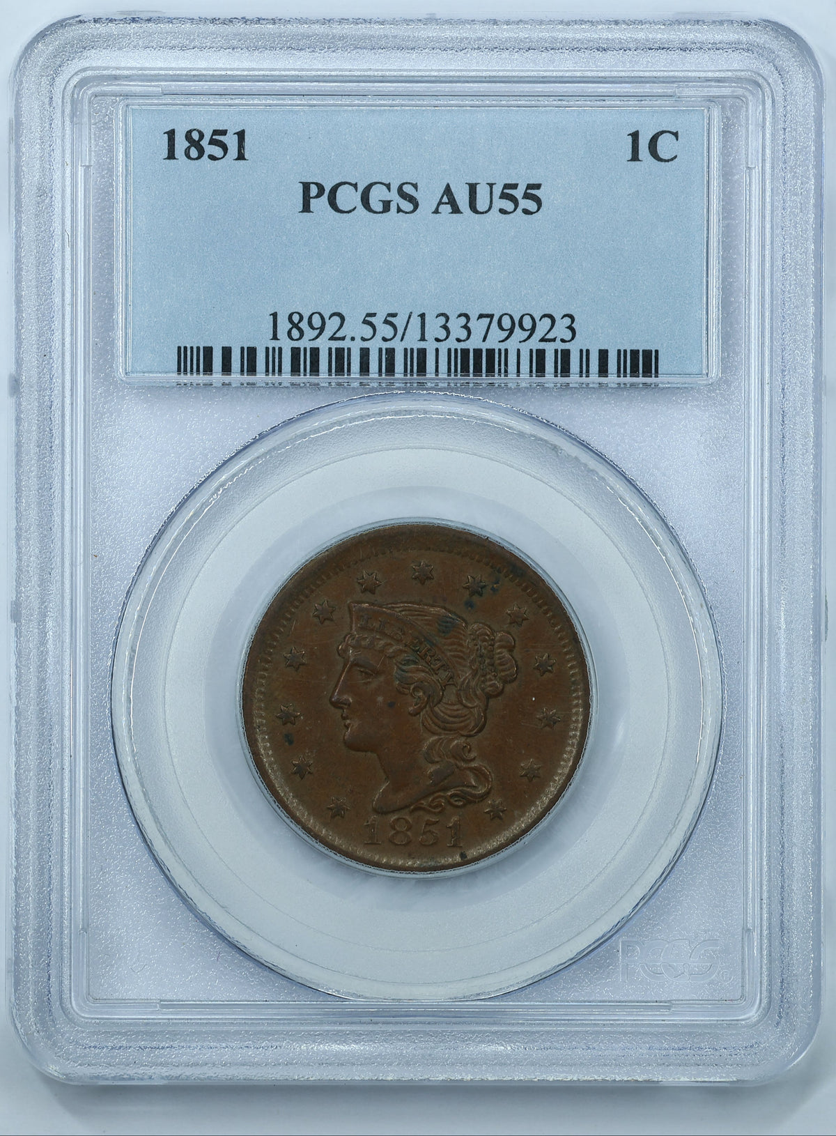 1851 Braided Hair US Large Cent 1C Penny - PCGS AU55