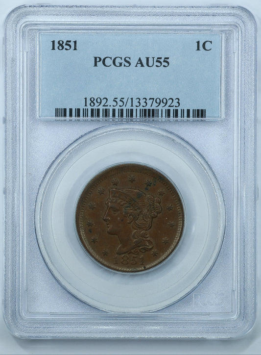 1851 Braided Hair US Large Cent 1C Penny - PCGS AU55