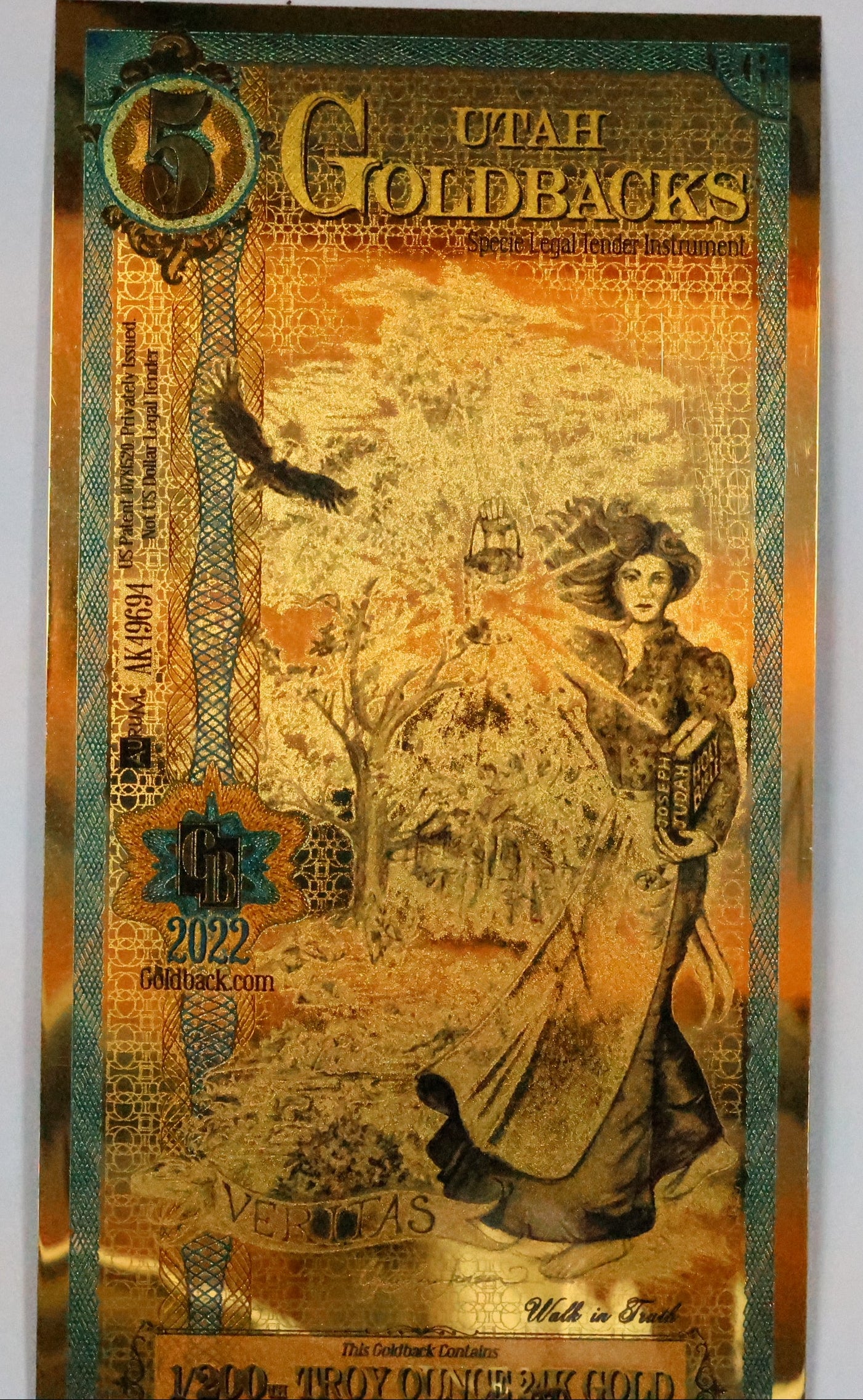 Utah 5 Goldbacks Gold Foil Note 1/200th Troy Oz 24KT Goldback