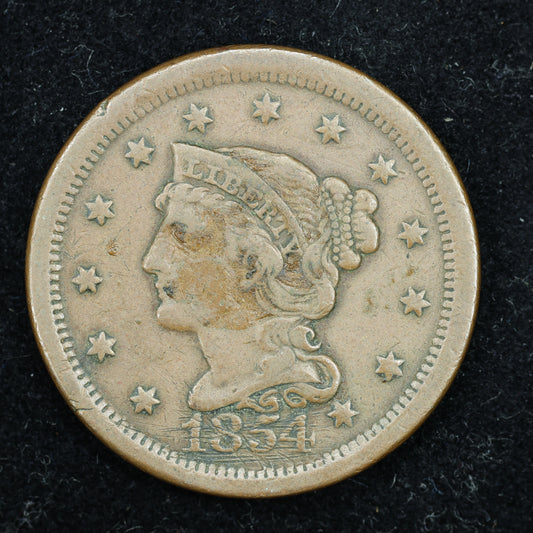 1854  Braided Hair US Large Cent 1C Penny