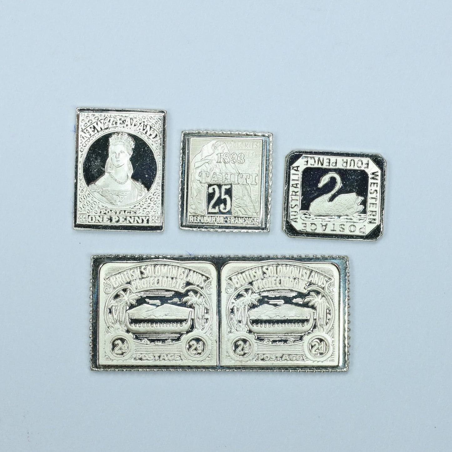 Franklin Mint Sterling Silver Miniature World Stamps - Australia New Zealand Tahiti Solomon