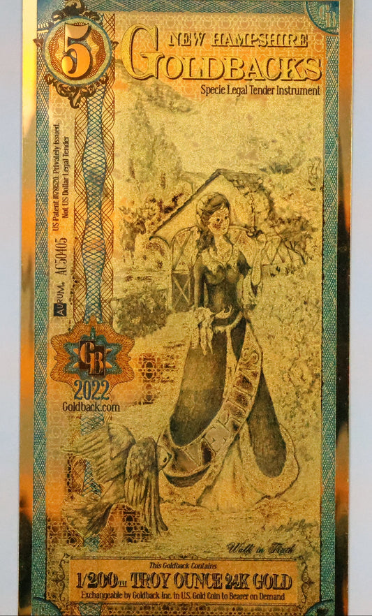 New Hampshire 5 Goldbacks Gold Foil Note 1/200th Troy Oz 24KT Goldback