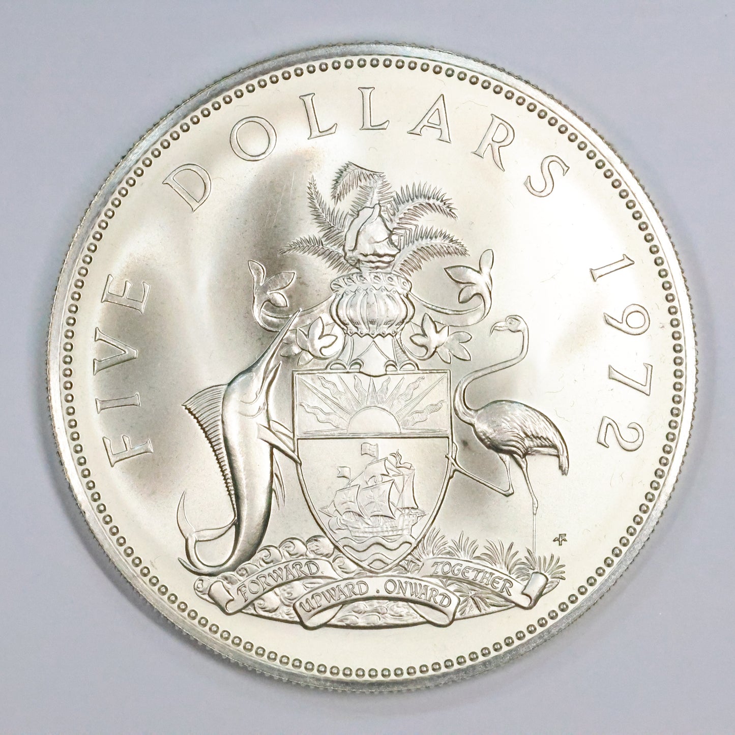 1972 Bahamas $5 Dollar Coat of Arms Queen Elizabeth Sterling .925 Fine Silver Coin