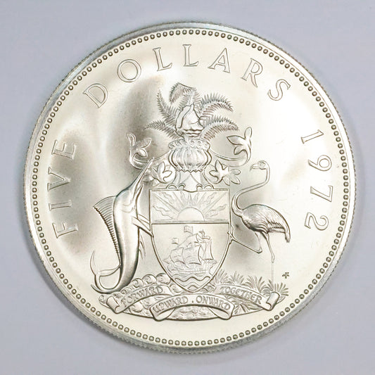 1972 Bahamas $5 Dollar Coat of Arms Queen Elizabeth Sterling .925 Fine Silver Coin