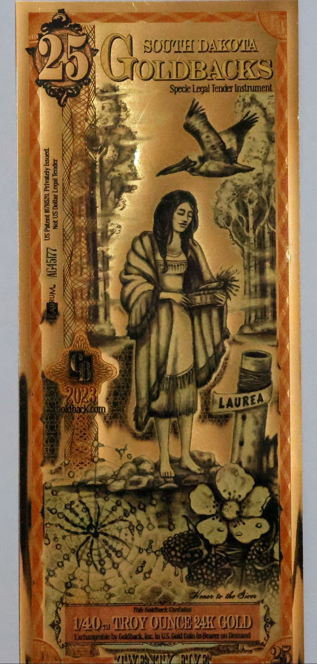 South Dakota 25 Goldback Gold Foil Note 1/40th Troy Oz 24KT Goldback